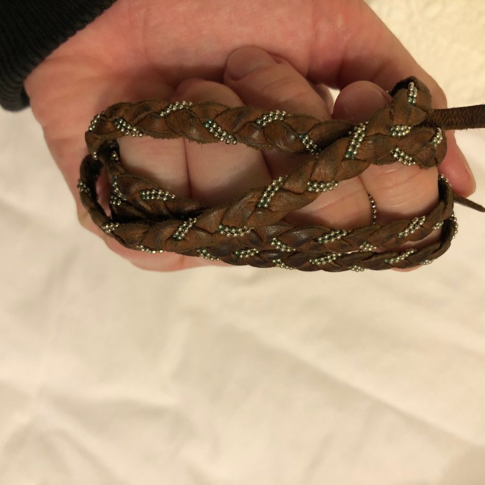 Y2K VTG Sogoli Brown Leather Braided Wrap Bracelet Necklace Gold Ball Chain Boho - Picture 12 of 16